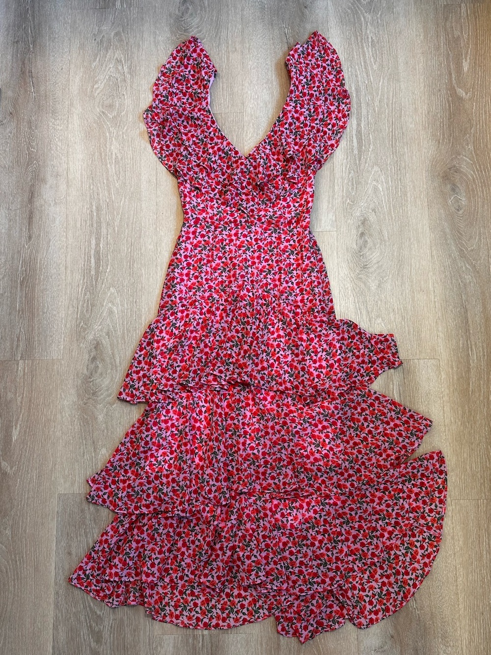 Wayf Pink and Red Floral Ruffle Tiered Maxi Dress